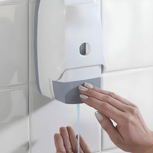 Wenko Ascoli wall-mounted white and grey soap dispenser with elbow lever, 450ml capacity for sanitizer or soap