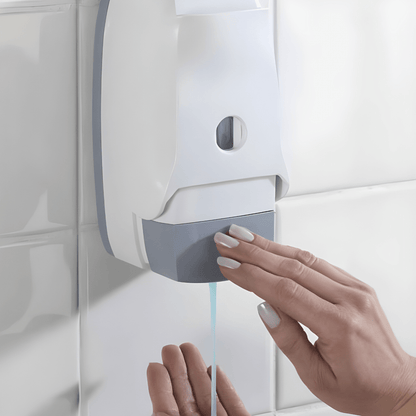 Wenko Ascoli wall-mounted white and grey soap dispenser with elbow lever, 450ml capacity for sanitizer or soap