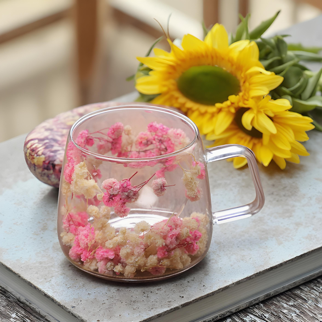 Floral double wall glass mug with dried flowers, available in Beirut Lebanon

