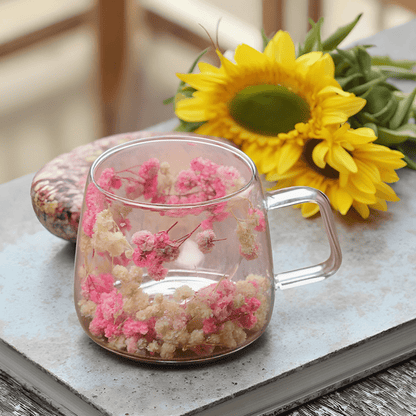 Floral double wall glass mug with dried flowers, available in Beirut Lebanon

