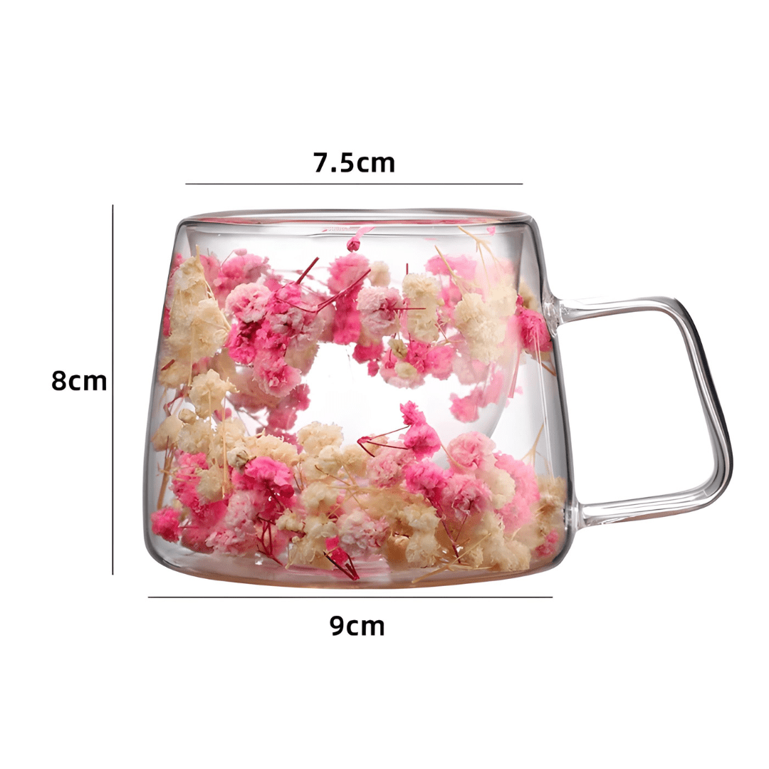 Floral double wall glass mug with dried flowers, available in Beirut Lebanon

