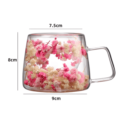 Floral double wall glass mug with dried flowers, available in Beirut Lebanon

