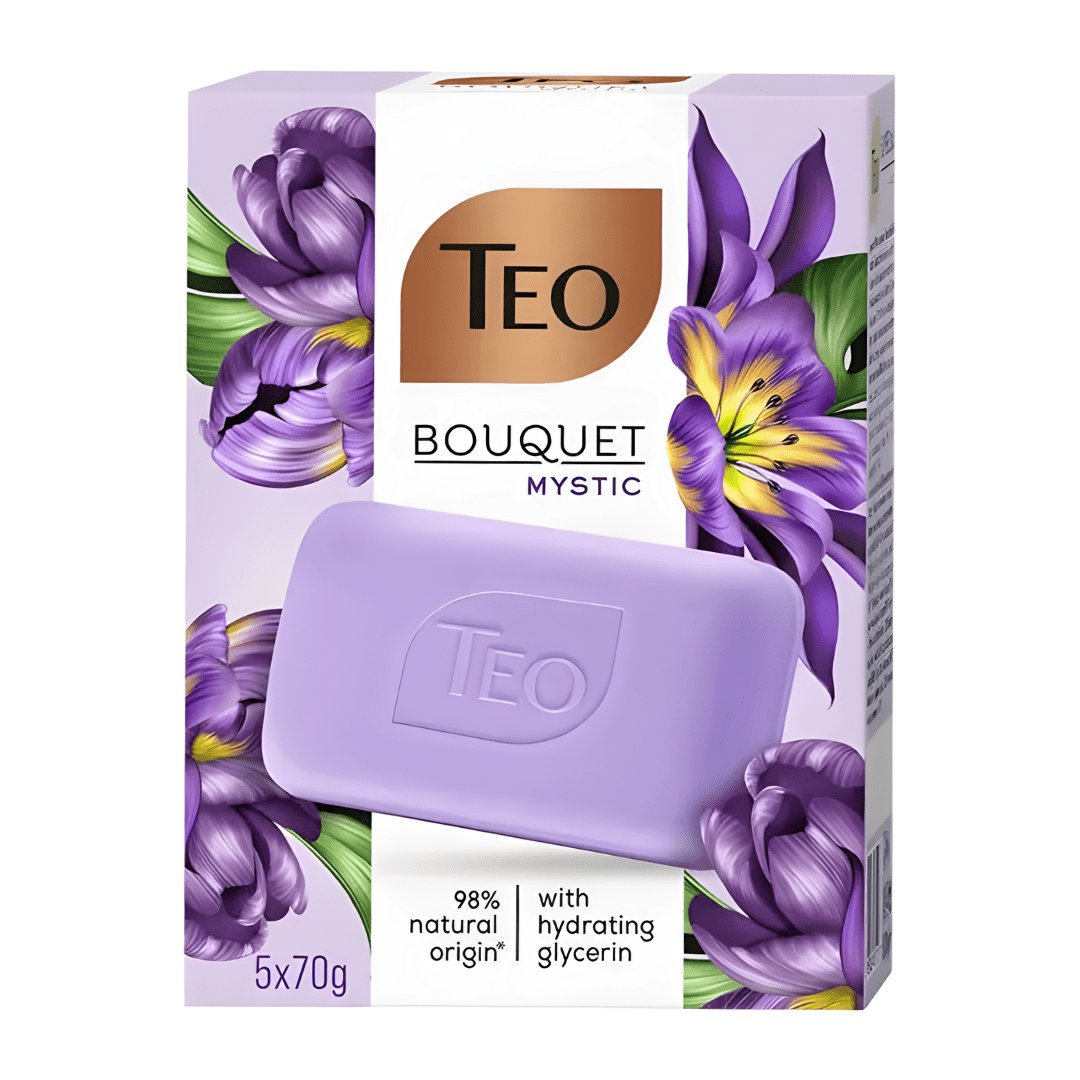 Teo Bouquet Mystic purple bar soaps with vanilla essence and glycerin on a clean white surface with spa towels.