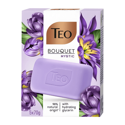 Teo Bouquet Mystic purple bar soaps with vanilla essence and glycerin on a clean white surface with spa towels.