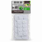 A 32-piece set of CRELANDO self-adhesive felt pads, showing round and square shapes in various sizes for furniture protection.
