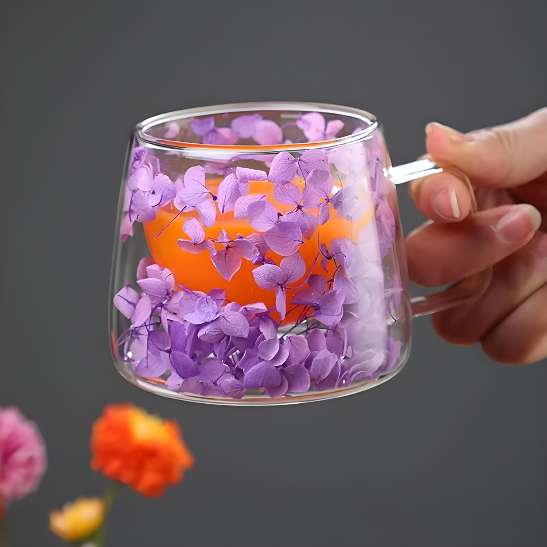 Floral double wall glass mug with dried flowers, available in Beirut Lebanon

