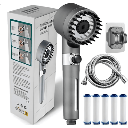 Turbo-charged high-pressure shower head with hose and filters