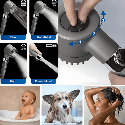 Turbo-charged high-pressure shower head with hose and filters