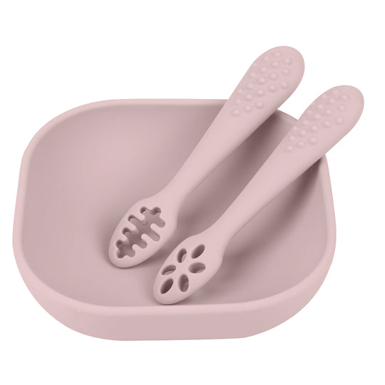 Pink silicone baby feeding set with training spoons