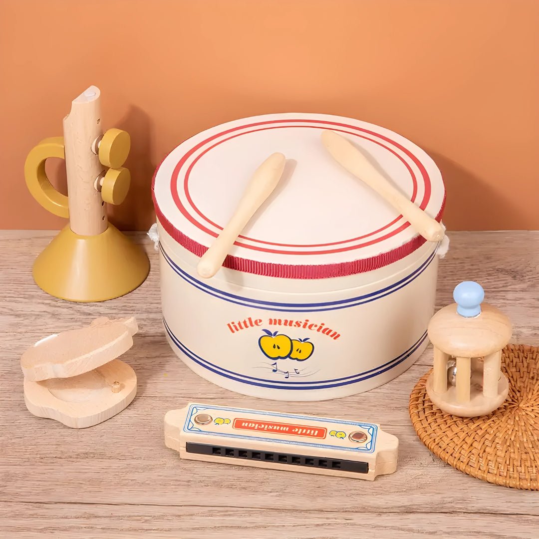 Wooden musical instruments set for toddlers drum harmonica maraca Lebanon European House Hold