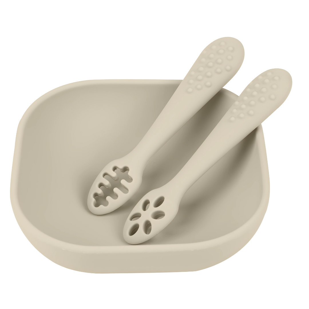Beige silicone feeding bowl and spoons for babies