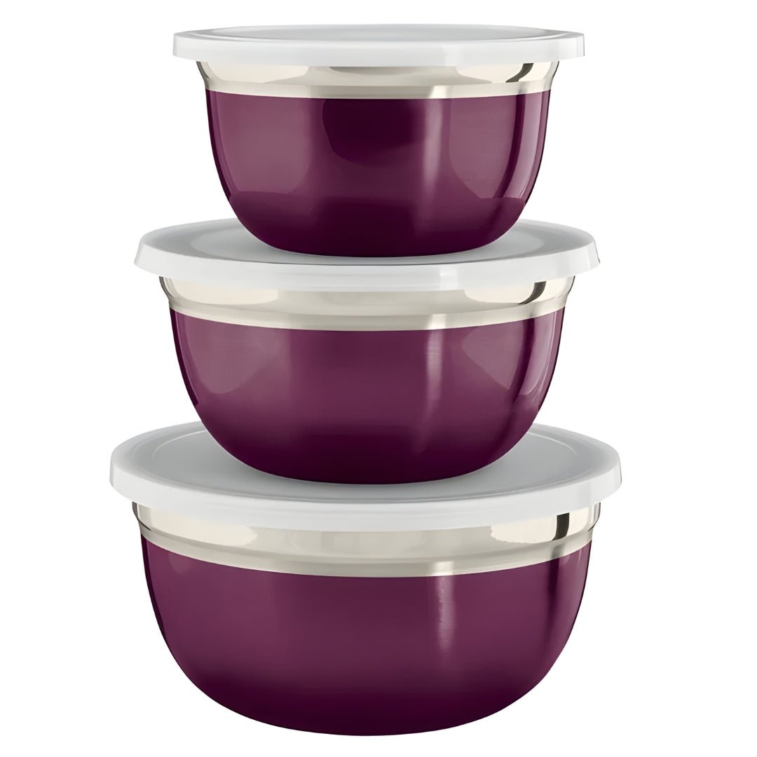 ERNESTO stainless steel storage bowl set with lids – 3 pieces purple