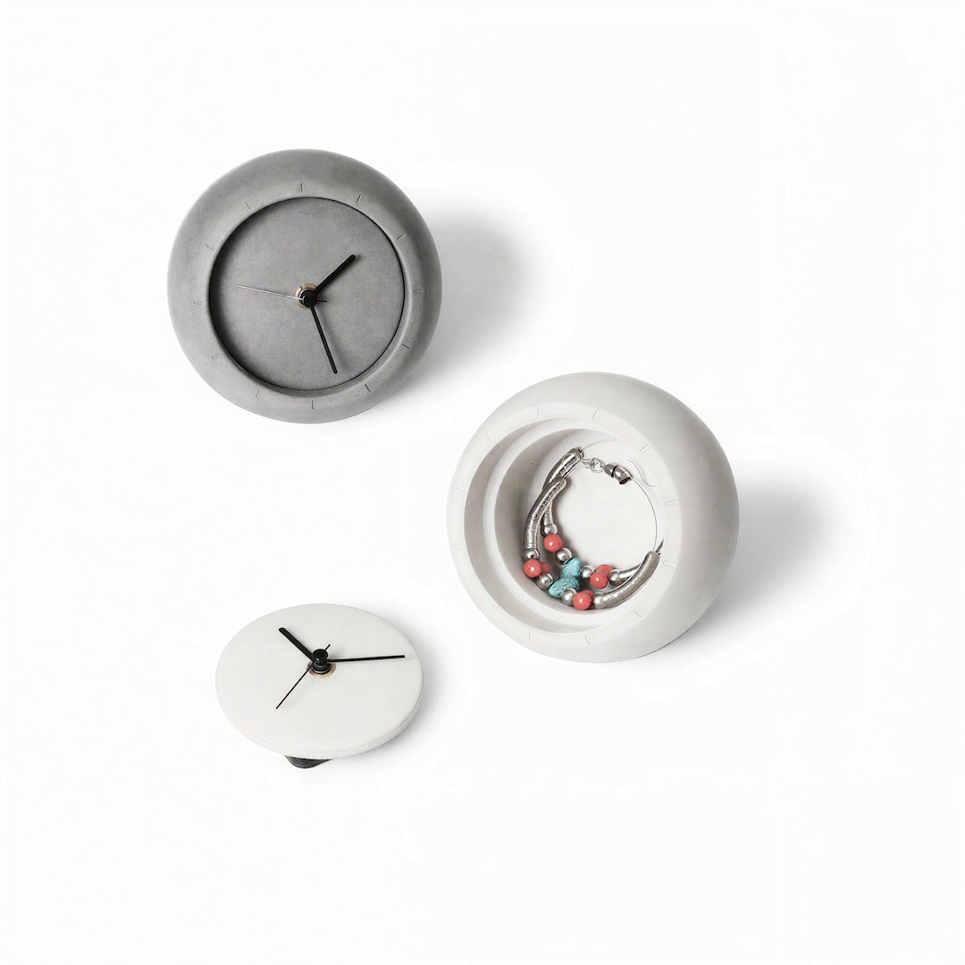 Concrete table clock with removable face and hidden jewellery storage compartment