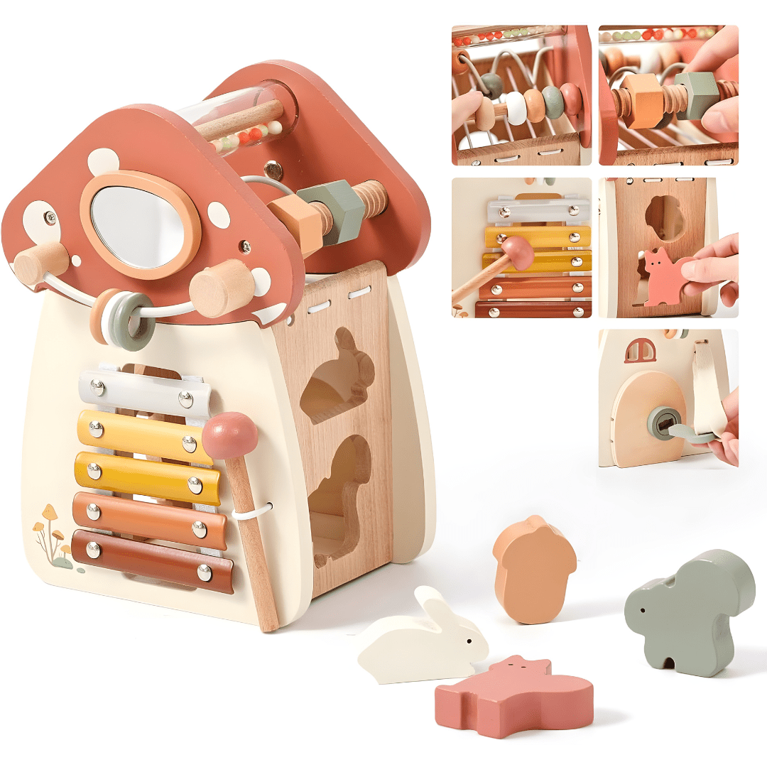 Wooden mushroom activity cube Montessori toy for toddlers in Beirut Lebanon with xylophone abacus shape sorter and busy board features