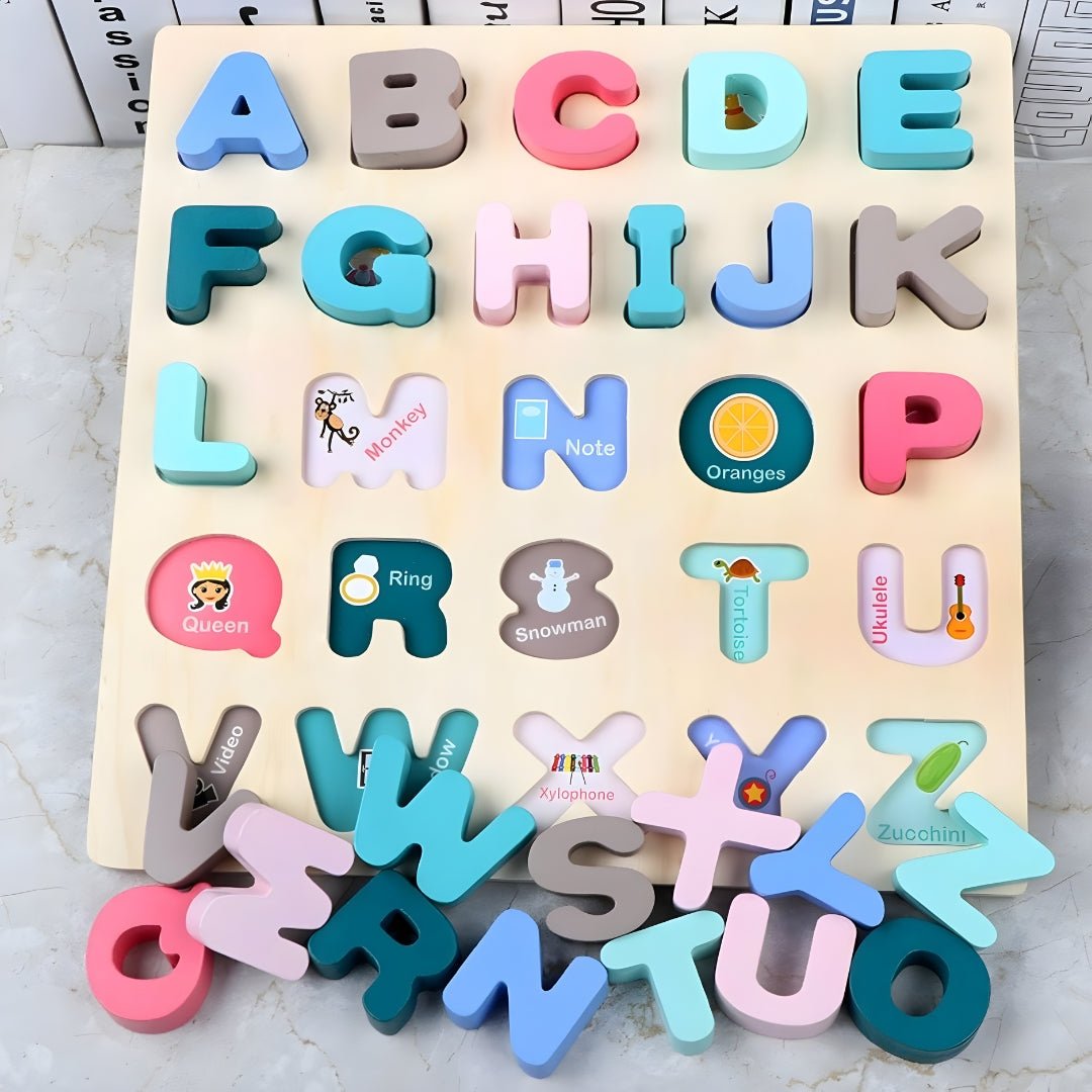 Montessori wooden alphabet puzzle board for kids with colorful letters and educational learning design