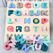 Montessori wooden alphabet puzzle board for kids with colorful letters and educational learning design