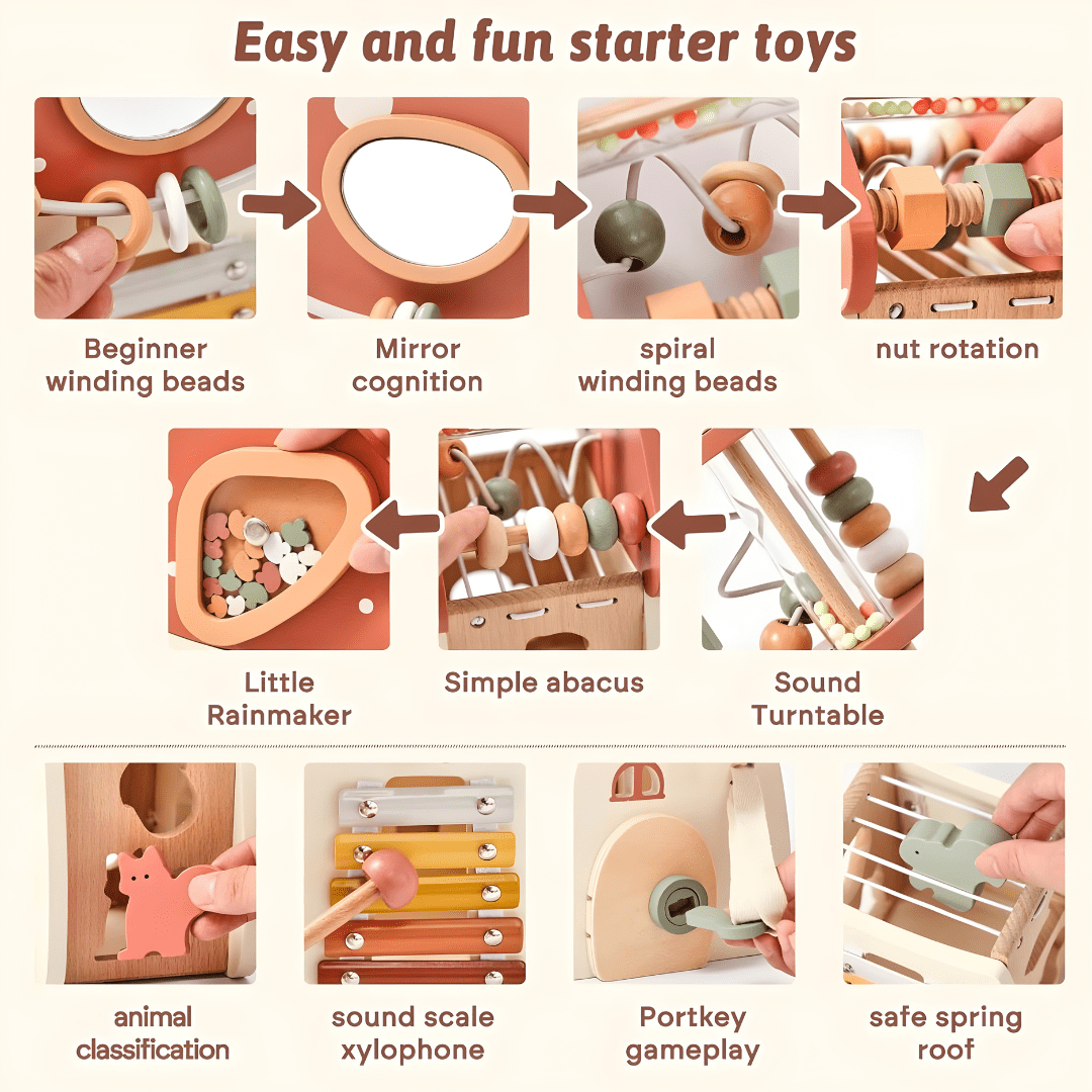 Wooden mushroom activity cube Montessori toy for toddlers in Beirut Lebanon with xylophone abacus shape sorter and busy board features
