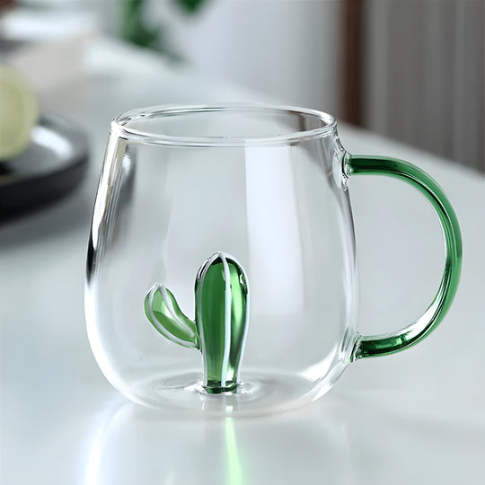 350ml heat-resistant glass mug with green cactus and green handle – perfect for hot drinks