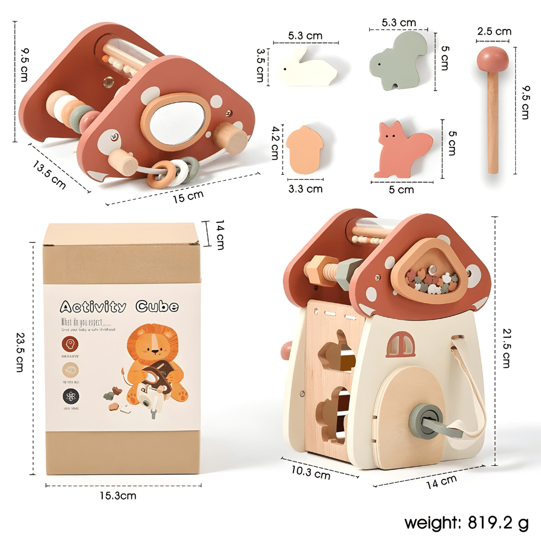 Wooden mushroom activity cube Montessori toy for toddlers in Beirut Lebanon with xylophone abacus shape sorter and busy board features