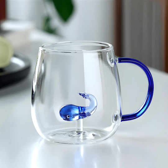 350ml borosilicate glass mug with blue whale and blue handle – heat resistant