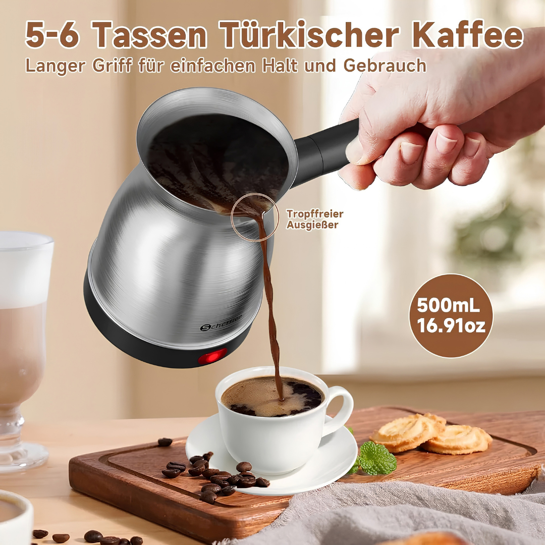 Scheffler 800W electric Turkish coffee pot in stainless steel, featuring a detachable handle, drip-free spout, and a 360-degree base.