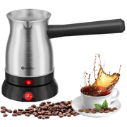 Scheffler 800W electric Turkish coffee pot in stainless steel, featuring a detachable handle, drip-free spout, and a 360-degree base.