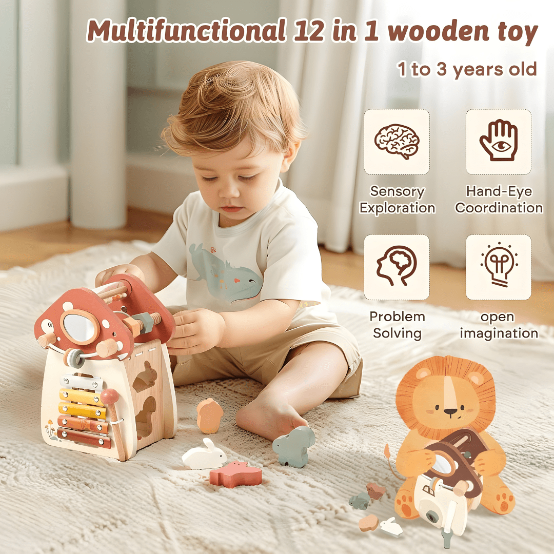 Wooden mushroom activity cube Montessori toy for toddlers in Beirut Lebanon with xylophone abacus shape sorter and busy board features