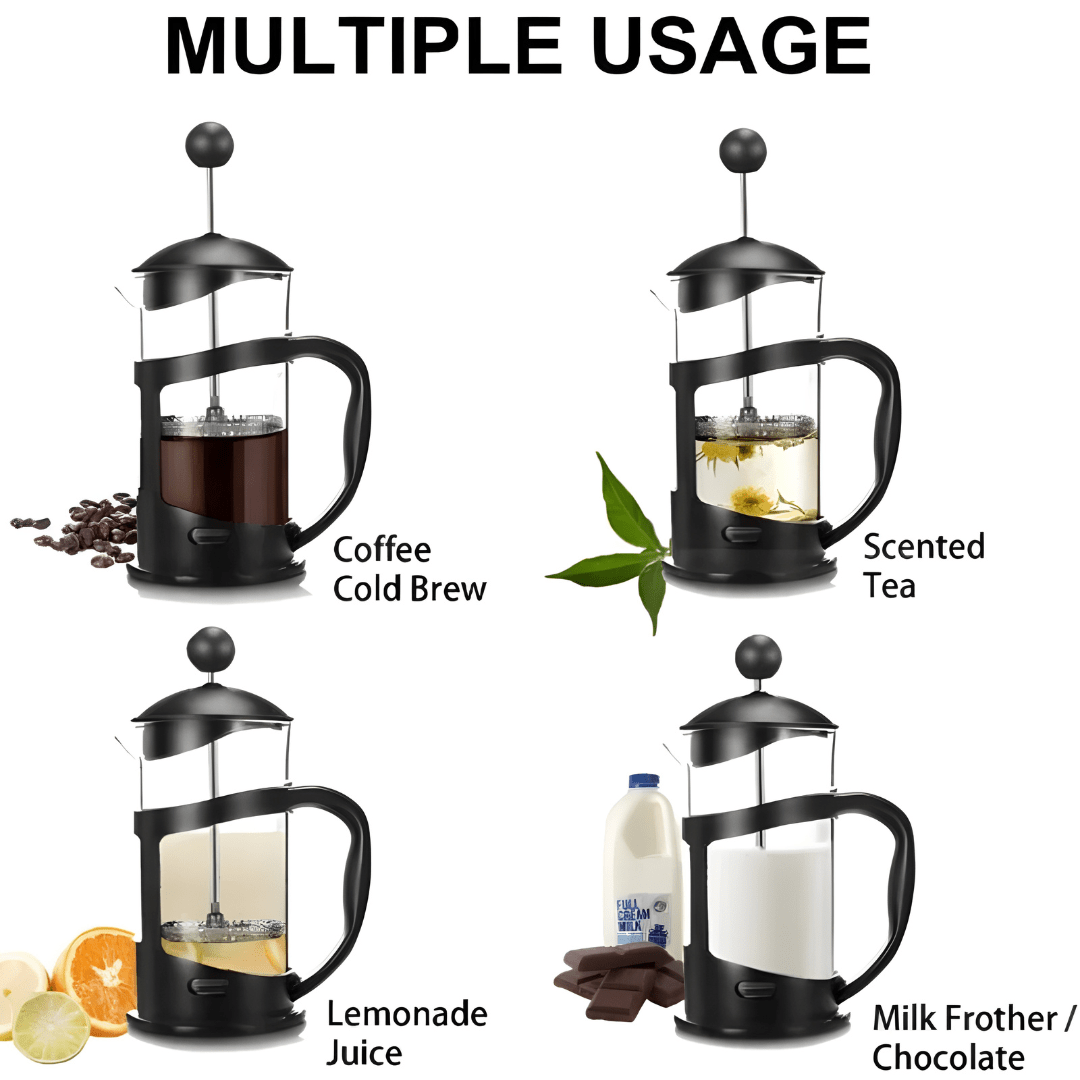 French Press coffee maker – black frame, borosilicate glass, stainless steel filter, 1000ml