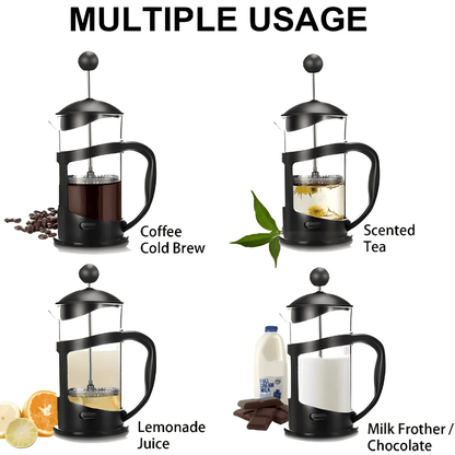 French Press coffee maker – black frame, borosilicate glass, stainless steel filter, 1000ml