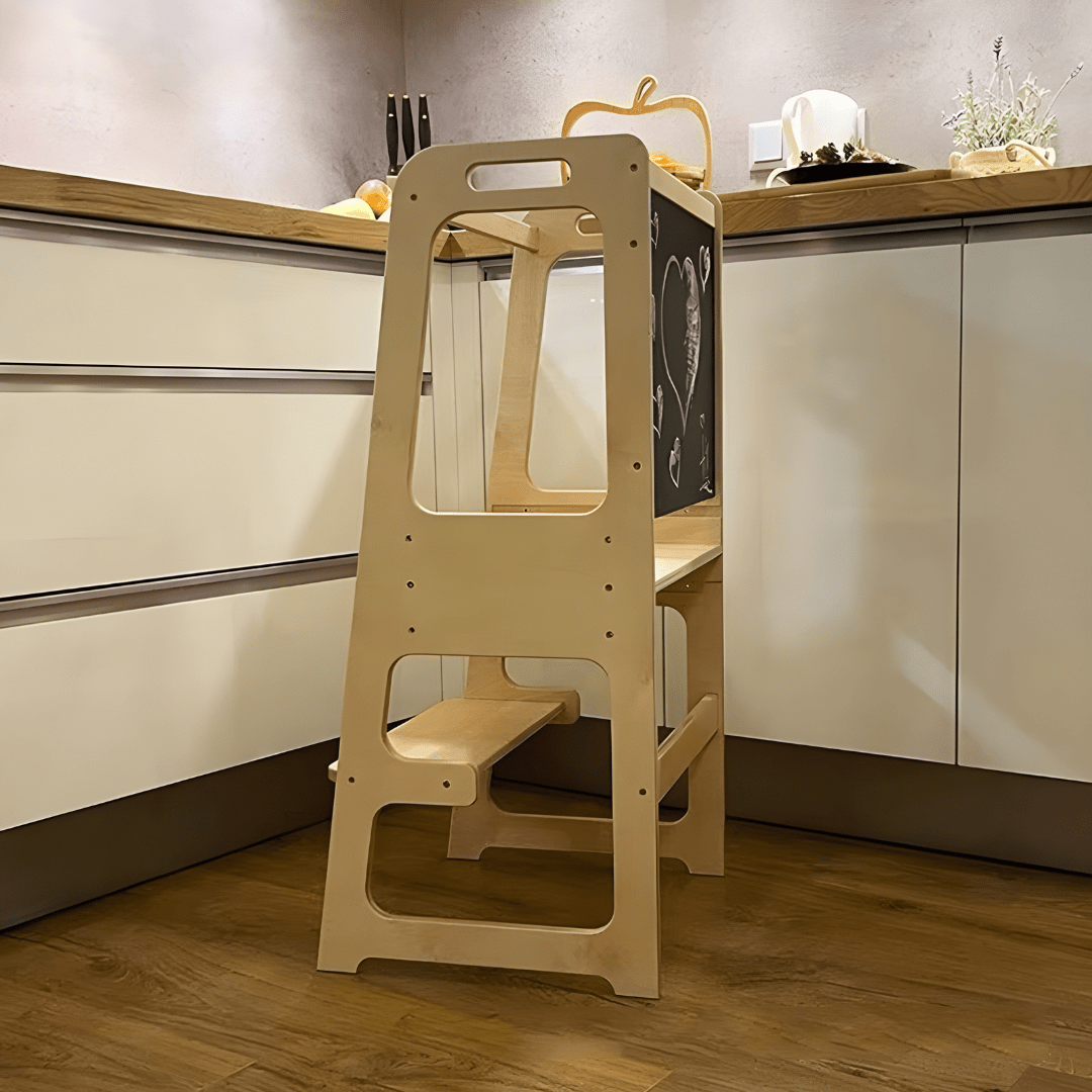 Birch wood Montessori learning tower with blackboard for kids, safe and sturdy kitchen helper, available in Beirut Lebanon.