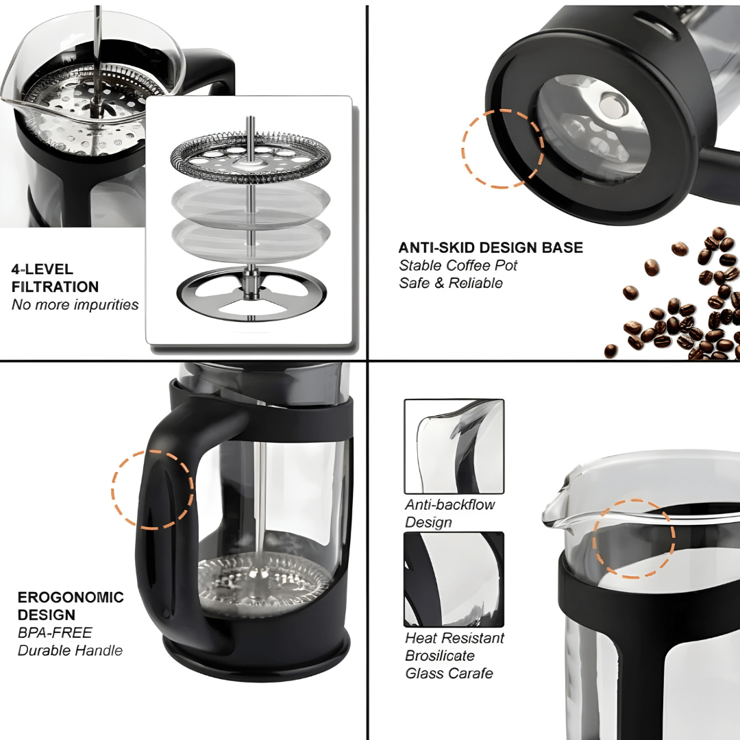 French Press coffee maker – black frame, borosilicate glass, stainless steel filter, 1000ml