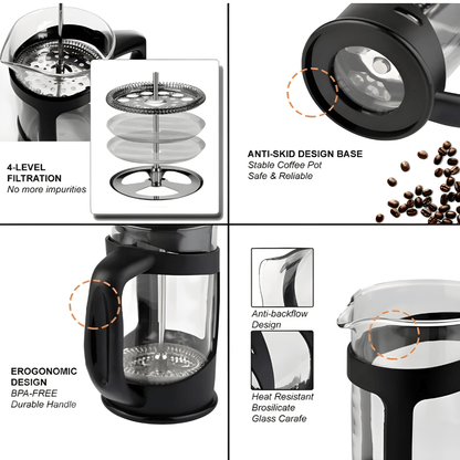 French Press coffee maker – black frame, borosilicate glass, stainless steel filter, 1000ml