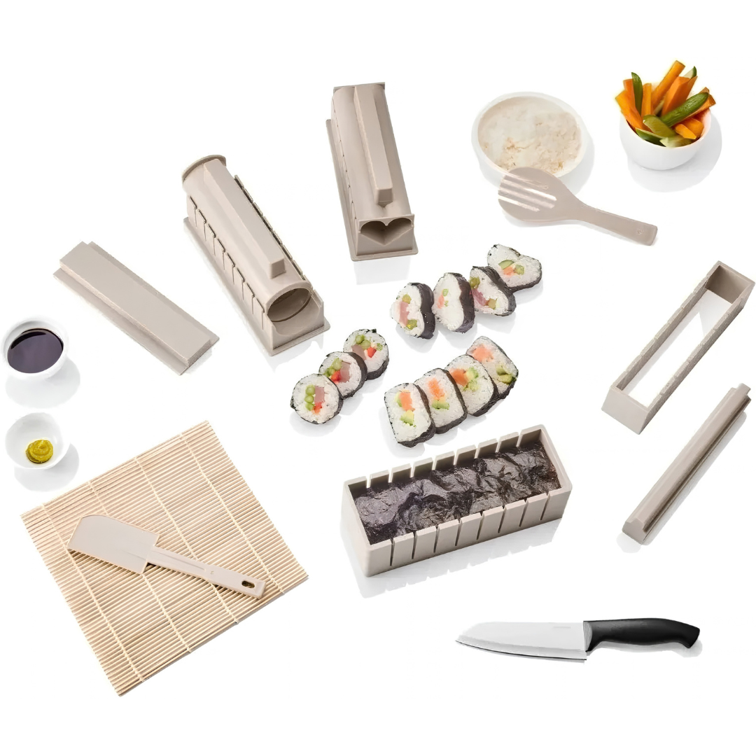 Livarno Home 13-piece complete sushi making kit featuring shape molds, a bamboo rolling mat, rice fork, and stainless steel knife, available for delivery in Lebanon.