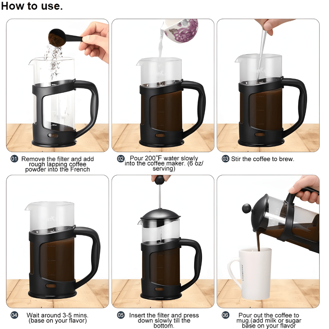 French Press coffee maker – black frame, borosilicate glass, stainless steel filter, 1000ml