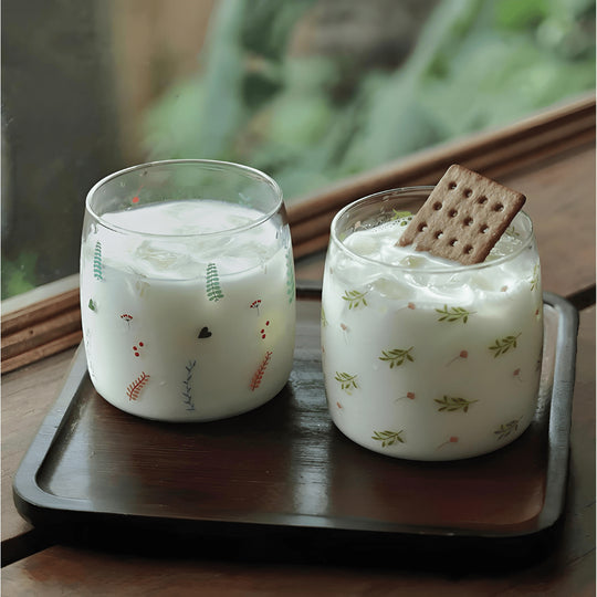 300ml heat-resistant borosilicate glass cups with elegant floral and botanical patterns — perfect for serving coffee, tea, juice, or desserts in Beirut homes and cafés.