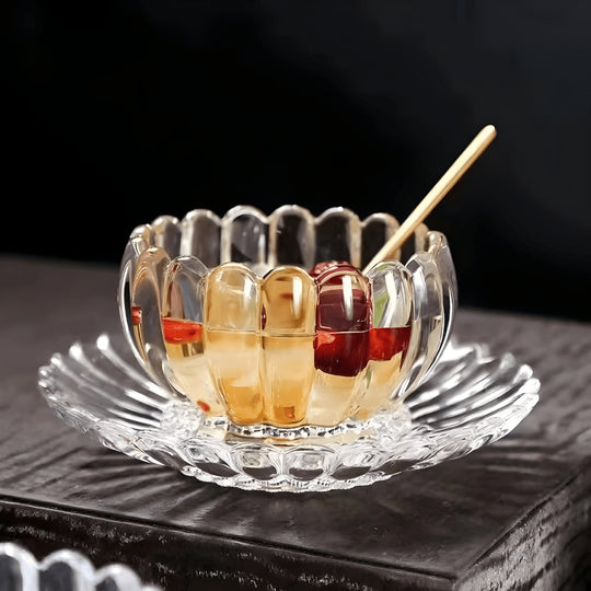 Elegant 220ml clear glass dessert bowl and plate set, ideal for Meghle, fruit salad, and snacks – heat-resistant and vintage design.