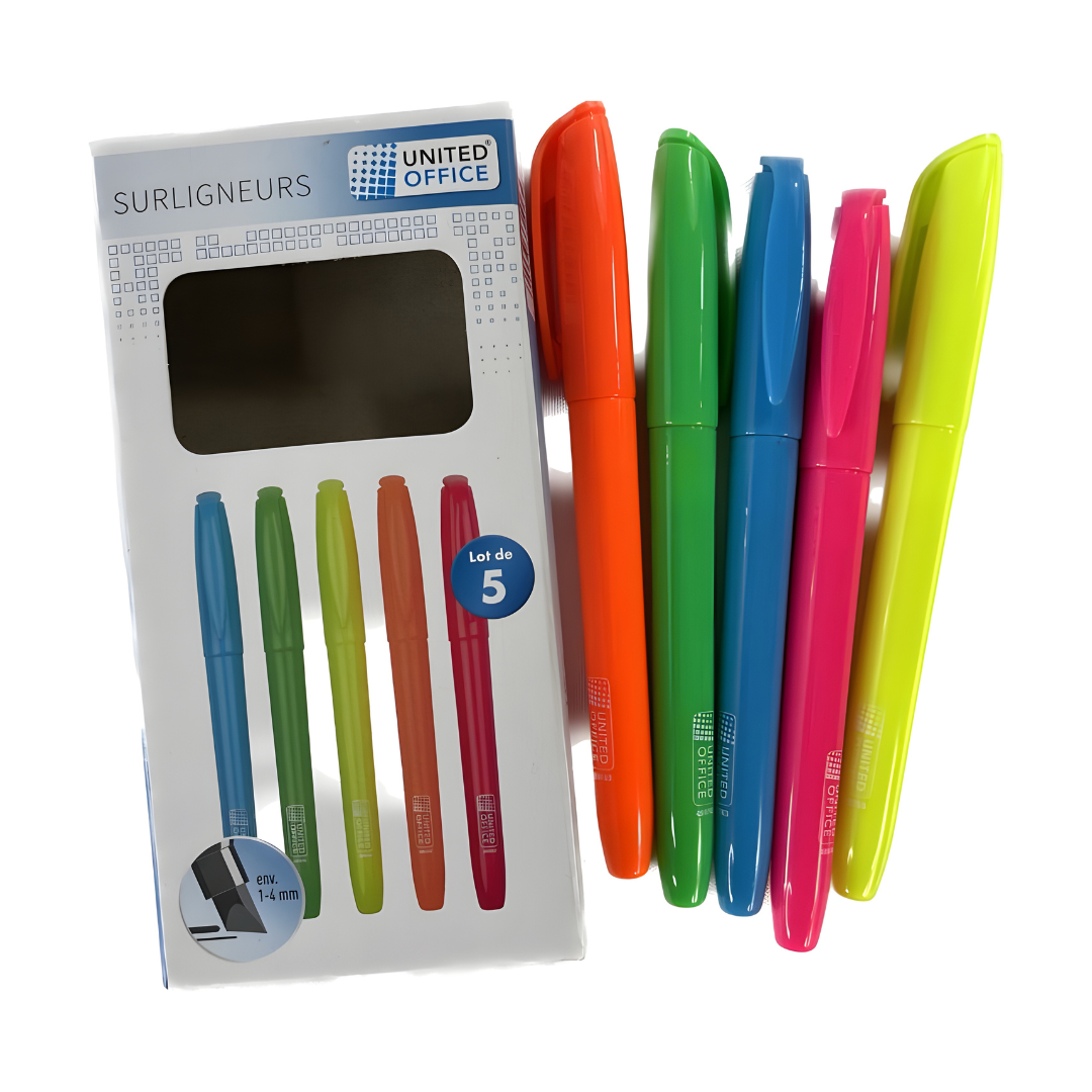 United Office High Quality Set of 5 Highlighters 1-4MM