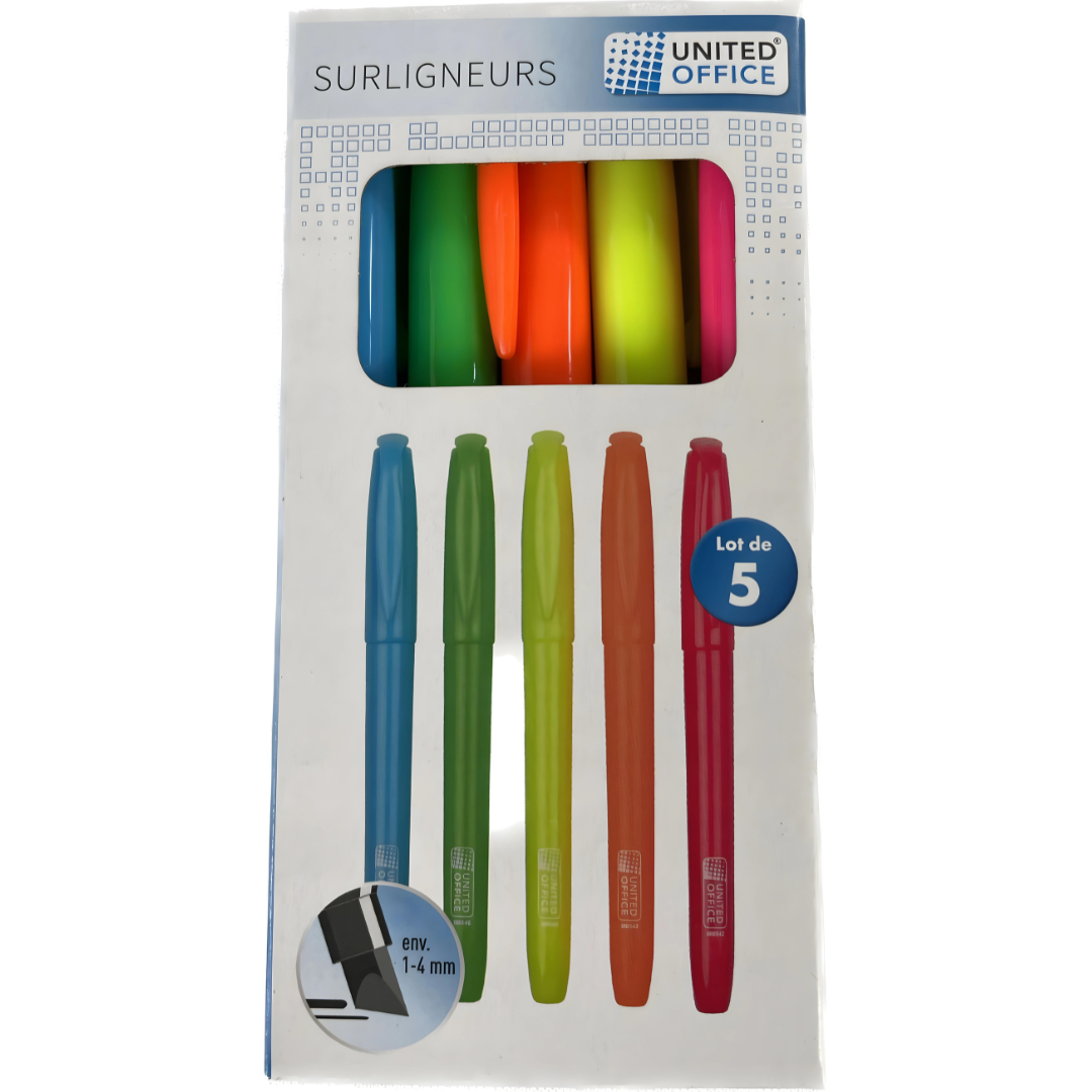 United Office High Quality Set of 5 Highlighters 1-4MM