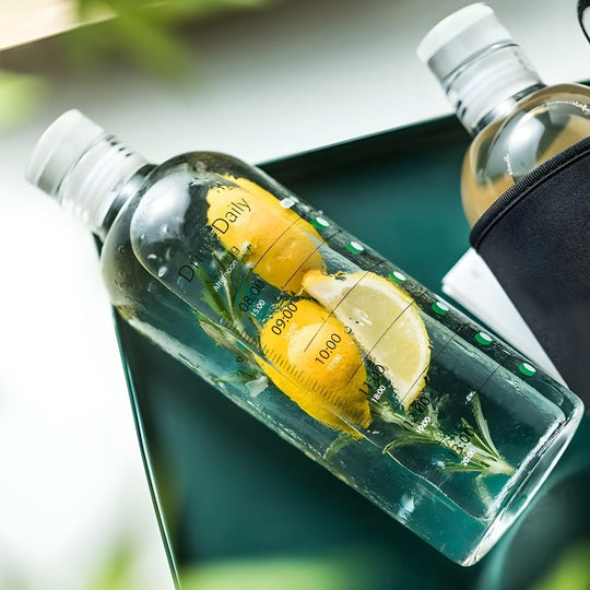 500 ml borosilicaatglas waterfles met glazen deksel en tijdmarkering