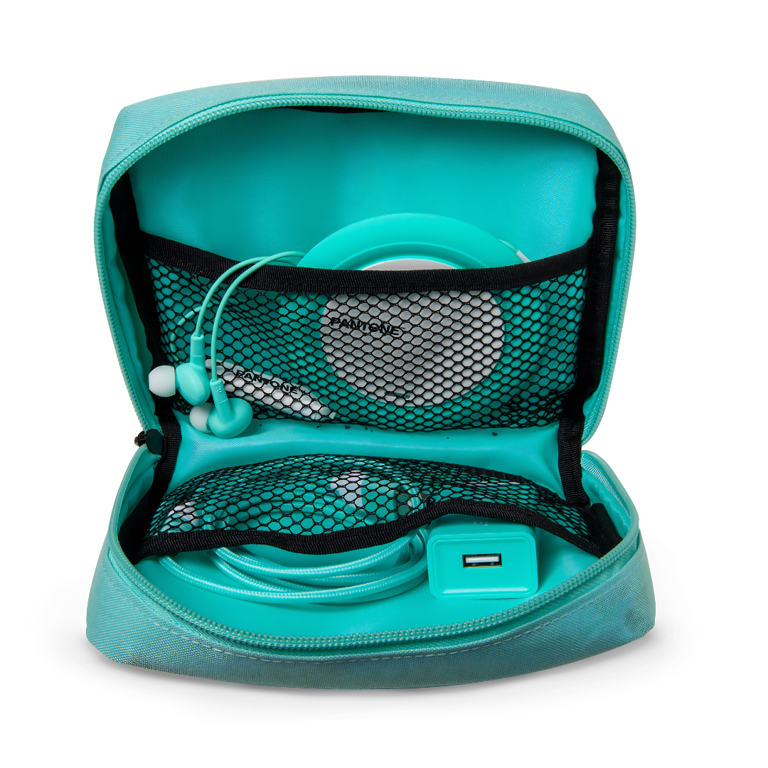 PANTONE mint green travel organiser bag packaging showing internal mesh