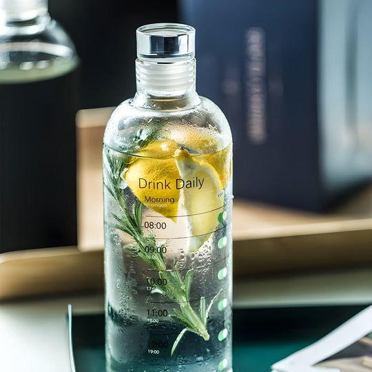 500 ml borosilicaatglas waterfles met glazen deksel en tijdmarkering