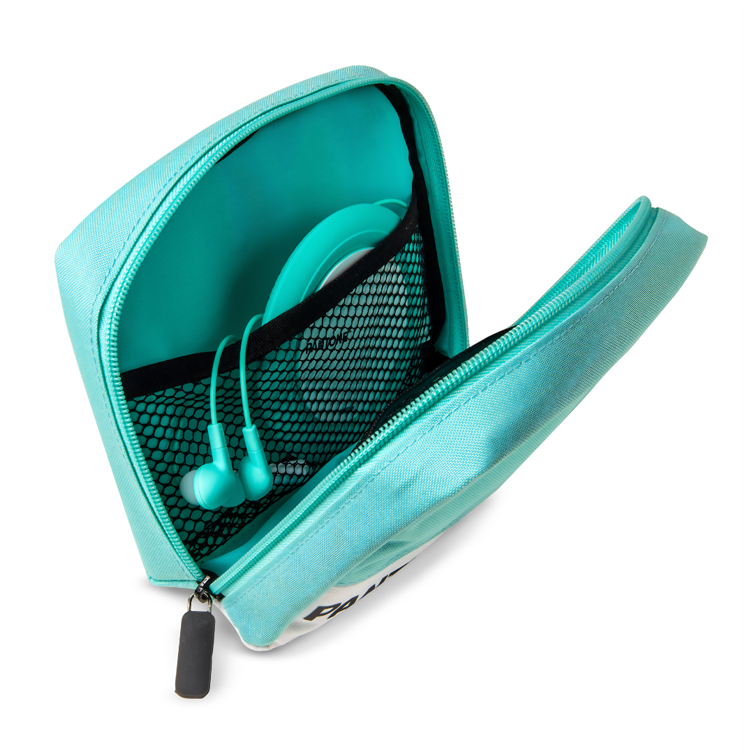 PANTONE mint green travel organiser bag packaging showing internal mesh