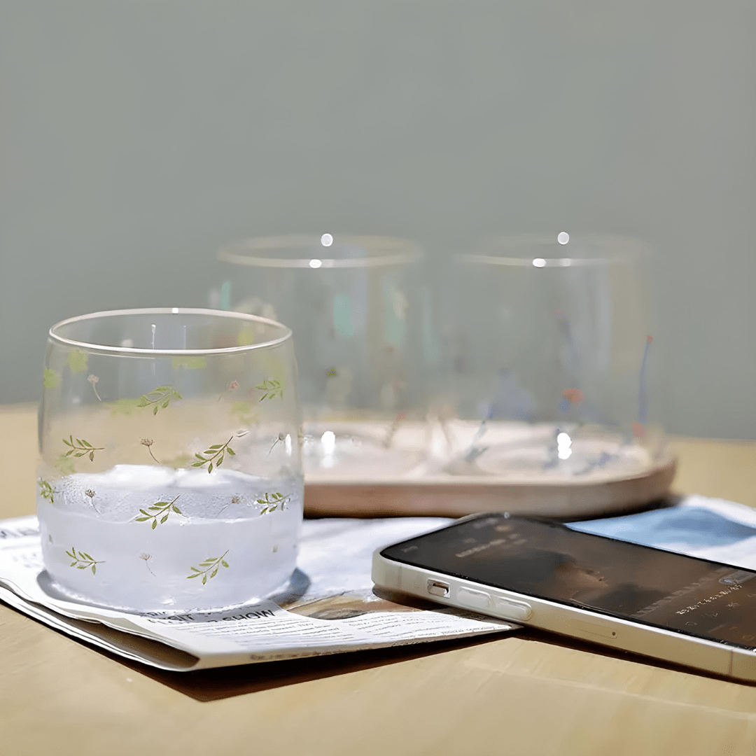 300ml heat-resistant borosilicate glass cups with elegant floral and botanical patterns — perfect for serving coffee, tea, juice, or desserts in Beirut homes and cafés.
