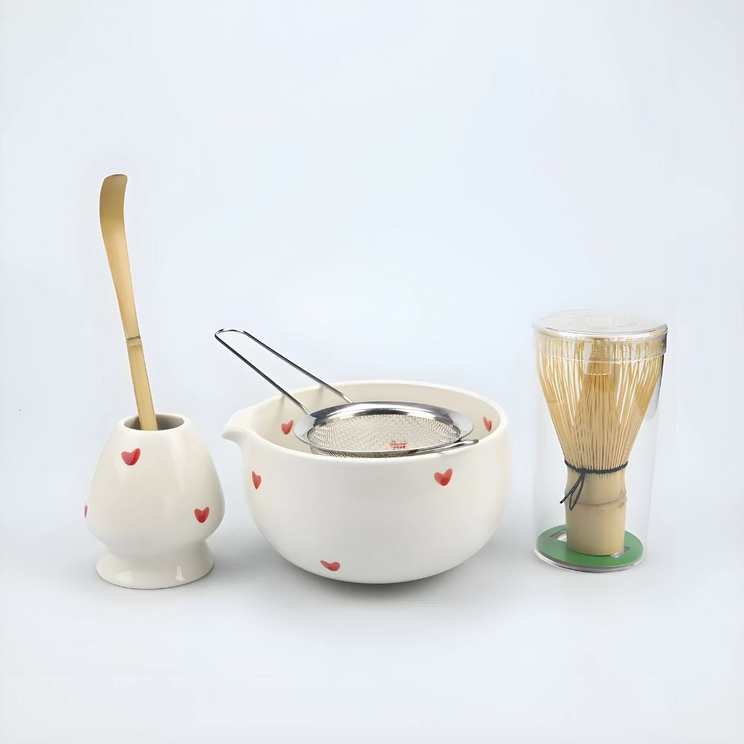 Matcha tea set with heart design 5 pieces 500ml bowl bamboo whisk strainer scoop gift box