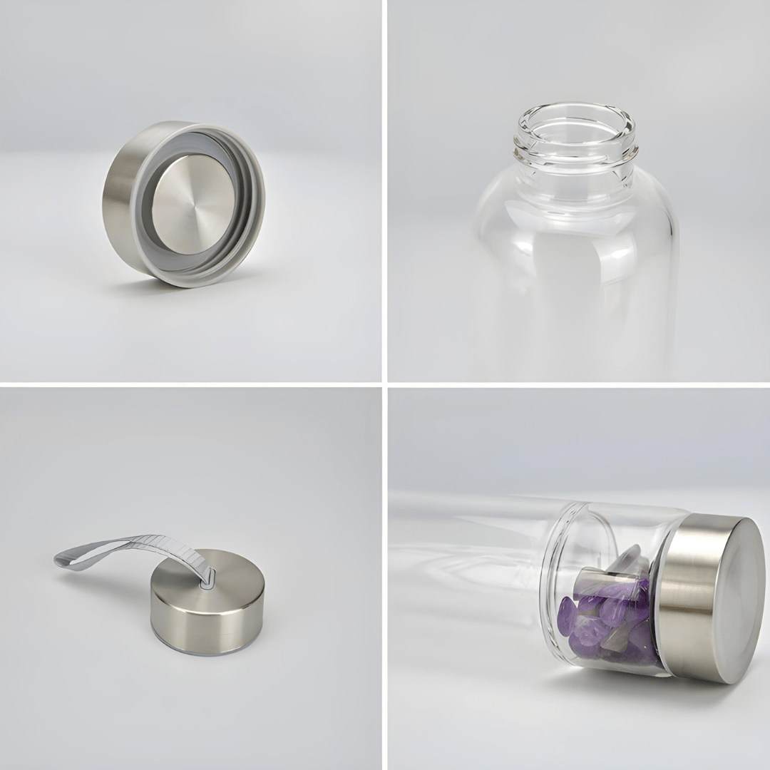 Crystal elixir glass water bottle with stainless steel lid and black protective neoprene case – 550ml