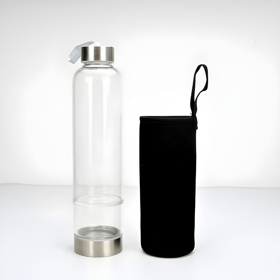 Crystal elixir glass water bottle with stainless steel lid and black protective neoprene case – 550ml