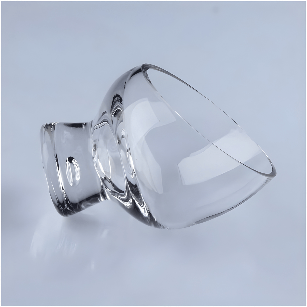 Clear tilted borosilicate glass dessert bowl with stand, 10.5×14cm – ideal for fruit salad, parfaits, and gourmet presentation.

