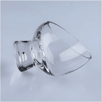 Clear tilted borosilicate glass dessert bowl with stand, 10.5×14cm – ideal for fruit salad, parfaits, and gourmet presentation.

