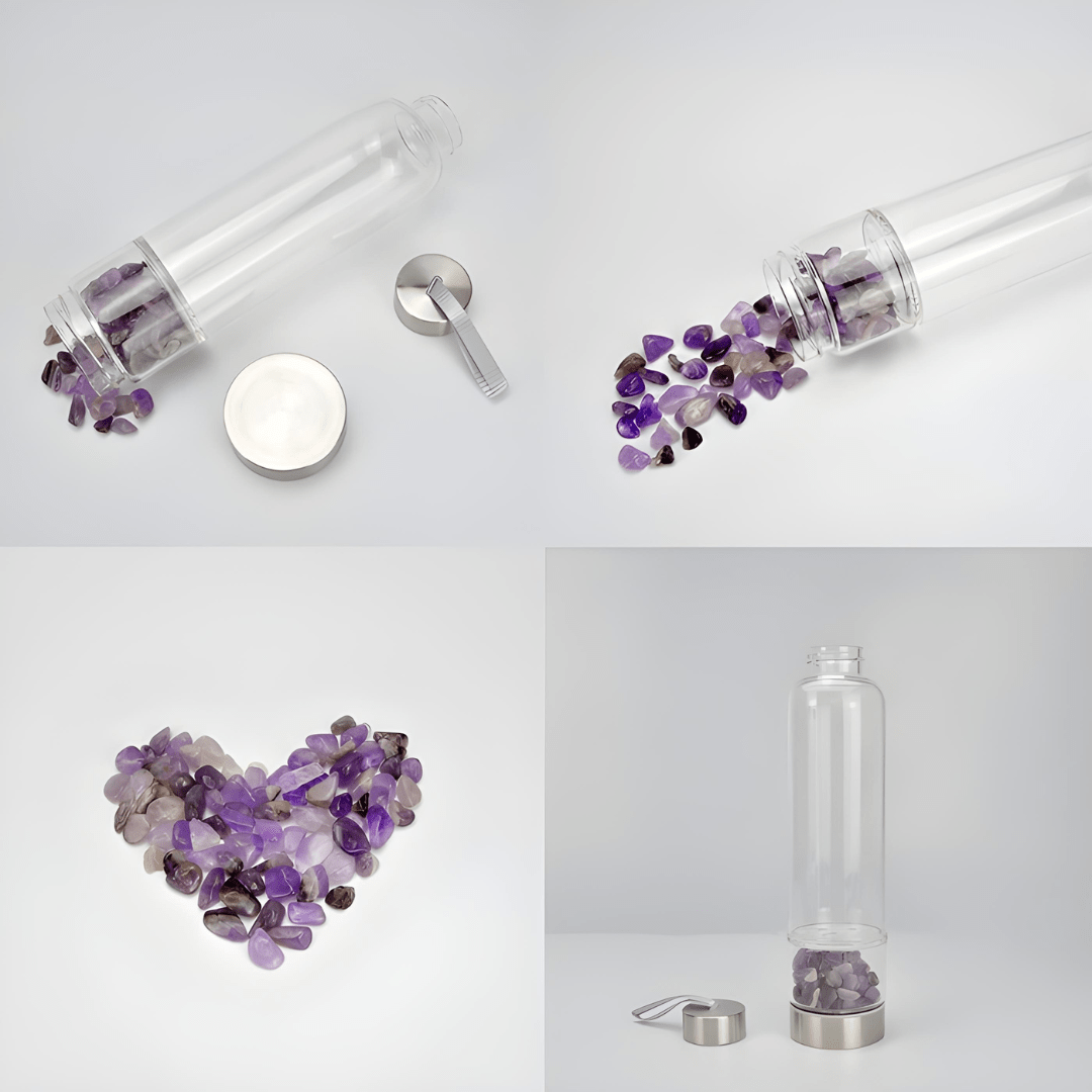 Crystal elixir glass water bottle with stainless steel lid and black protective neoprene case – 550ml