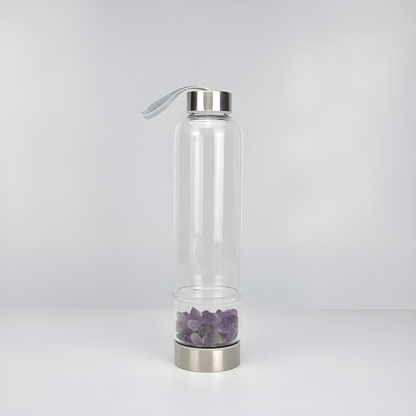 Crystal elixir glass water bottle with stainless steel lid and black protective neoprene case – 550ml